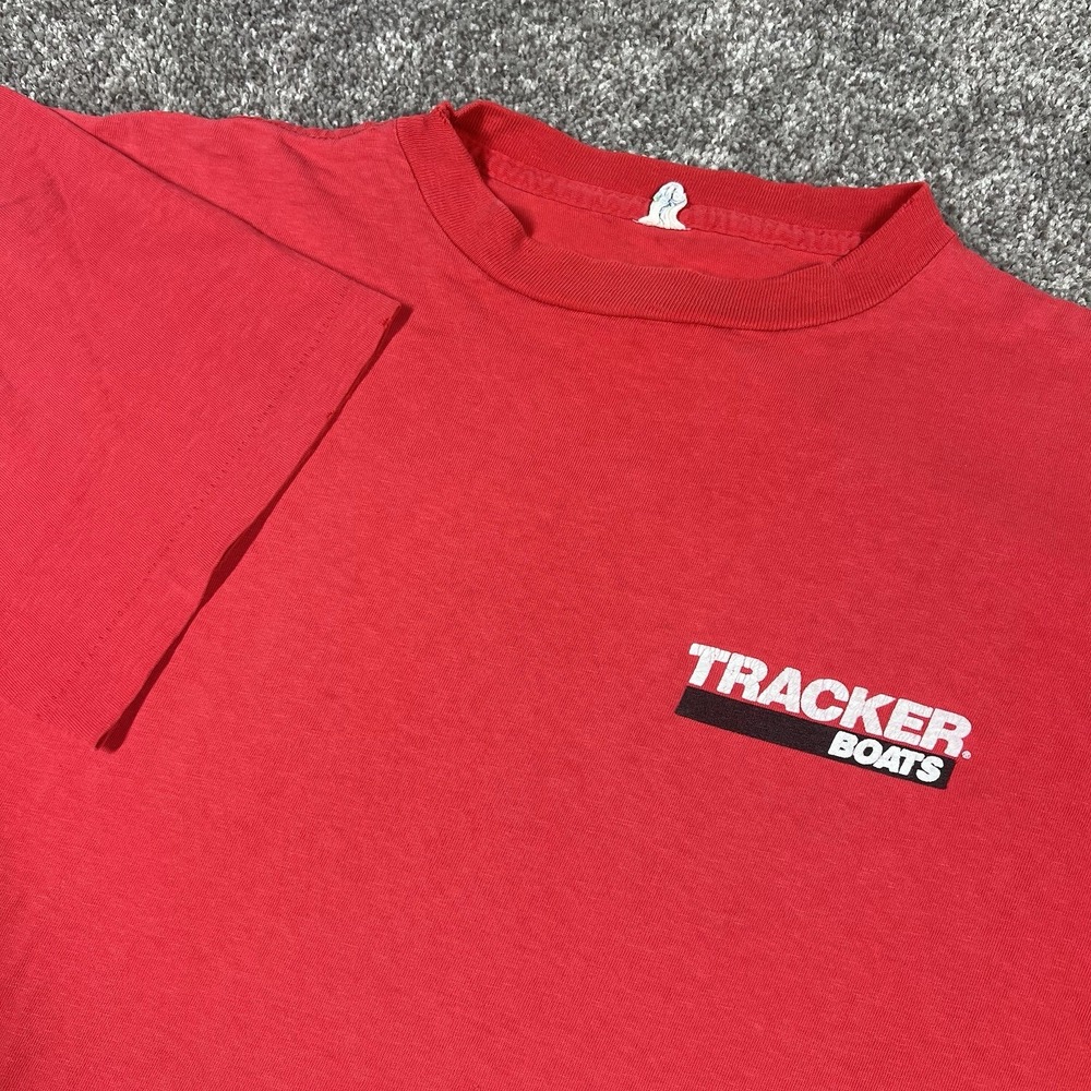 Vintage 80s 90s Tracker Boats Single-Stitch T-Shirt Distressed Faded Red Fishing - Picture 3 of 8